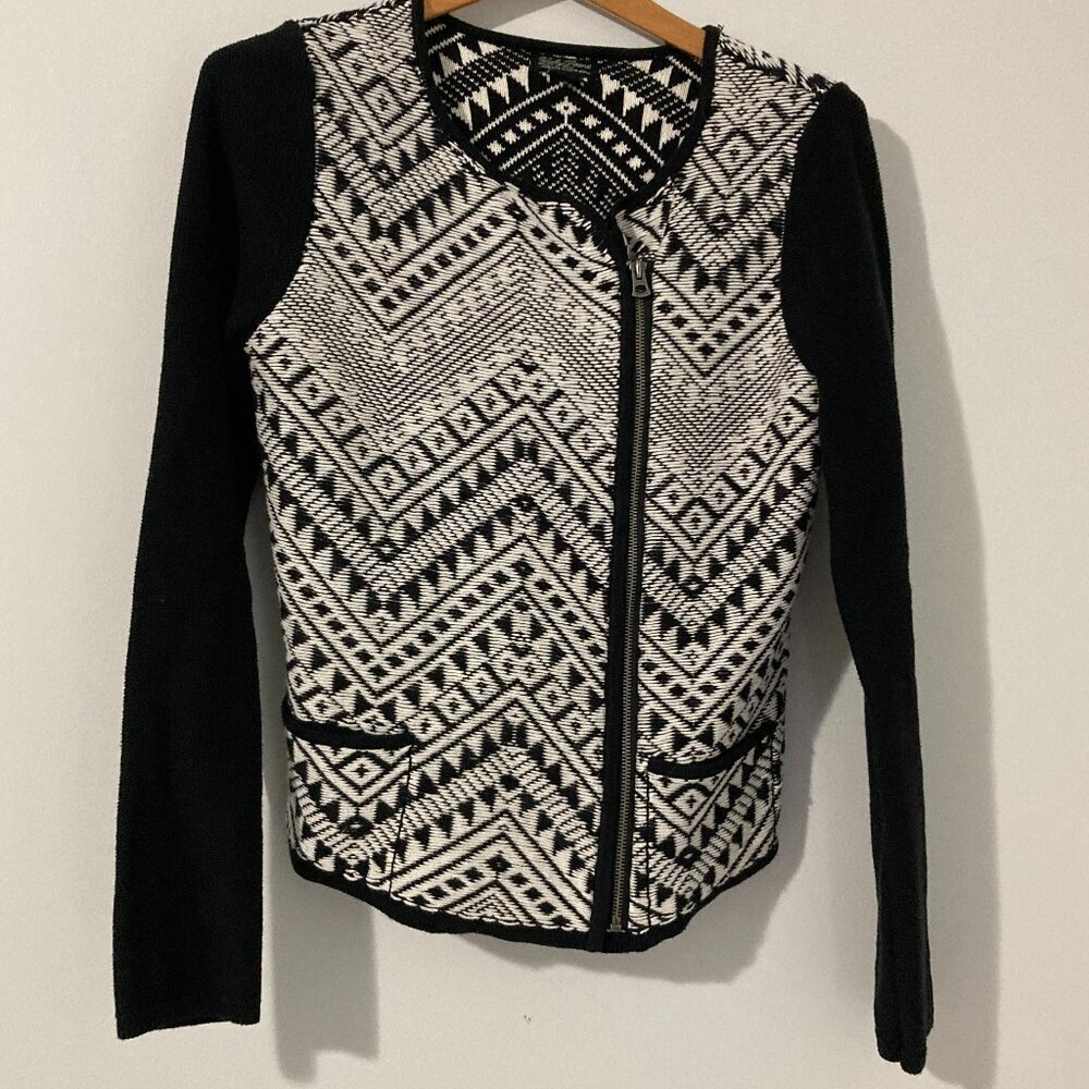 Lucky Brand Moto Knit Jacket Womens Medium Black White Geometric Boho Fall Core